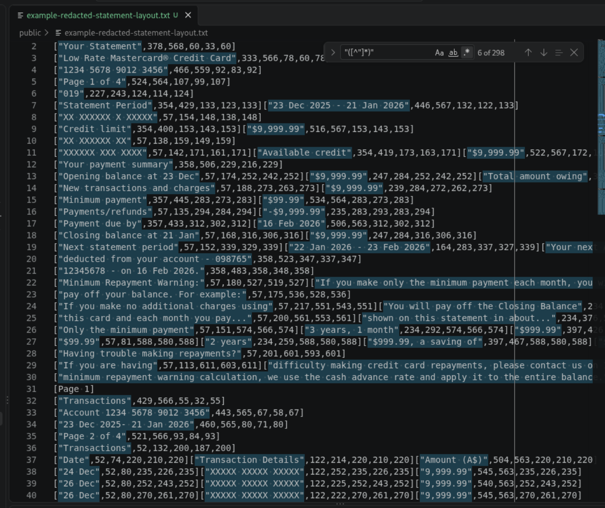 A redacted statement layout with matching text highlighted in VS Code